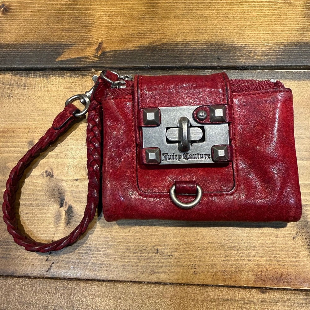 Juicy Couture Red Leather Wristlet Wallet Y2K Turn Lock‎ Braided Strap